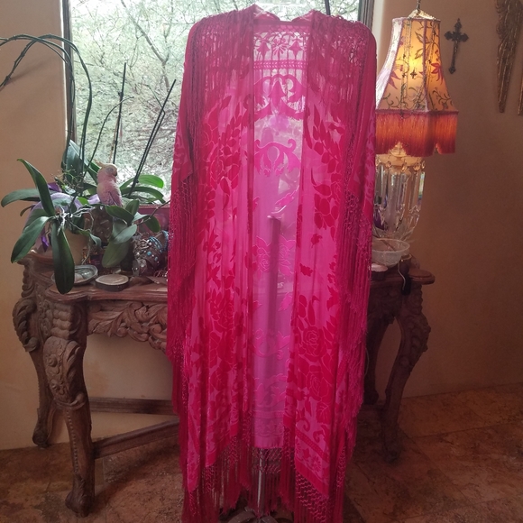 None Other - FABULOUS FABULOUS VELVET BURNOUT FRINGE KIMONO